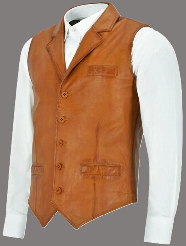 Men's TAN Lambskin Leather Waistcoat Western Style Cowboy Gilet Vest Coat - Picture 2 of 9