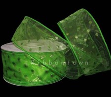 5 Yards Green Glitter Polka Dot Sheer Wired Ribbon 2 1/2"W