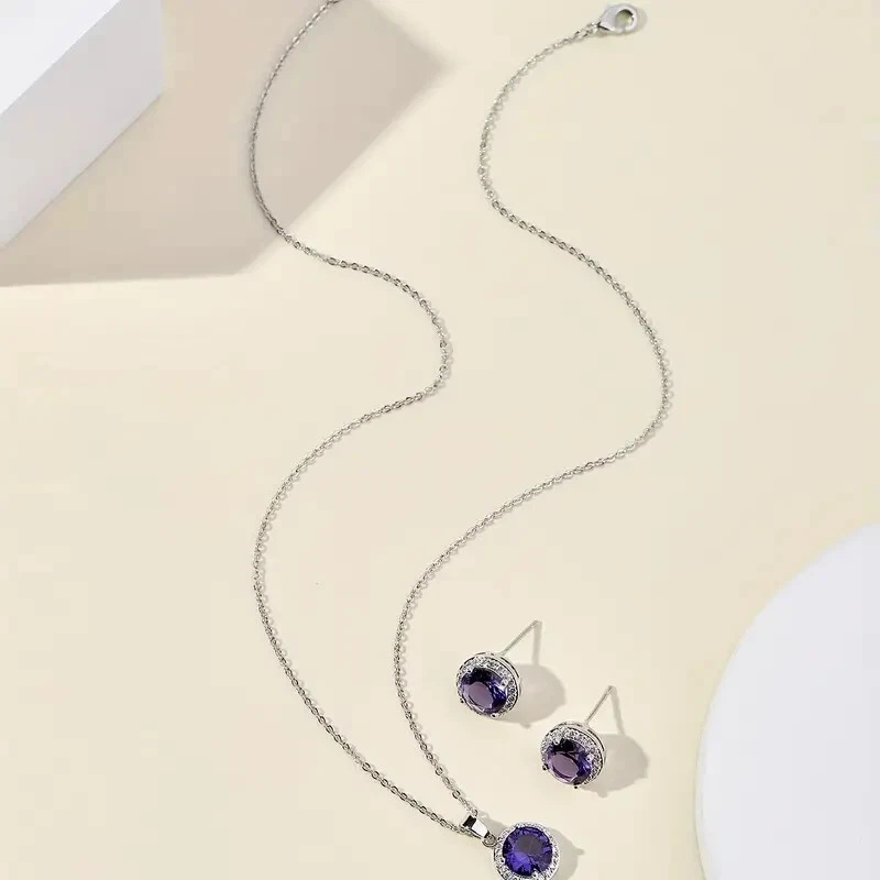 Juego de collar/pendientes redondos de amatista creados en laboratorio cadena de caja chapada en oro blanco de 14 k Foto 4 de 4