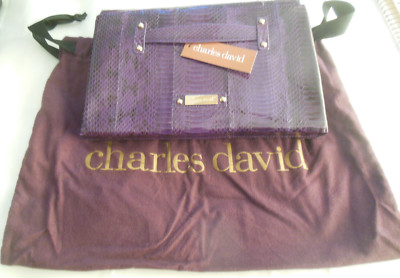 Charles David Large Purple Leather Clutch/Handbag Cleo W/ Dust Bag