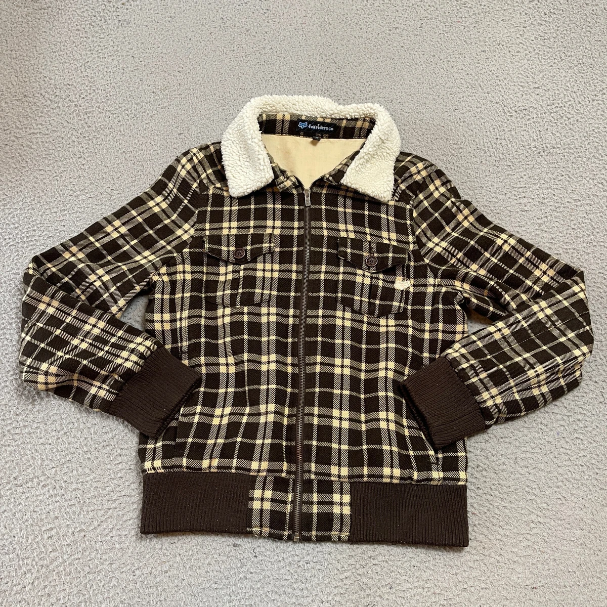 Fox Riders Co Jacket Womens Size XL Beige Plaid Long Sleeve Full Zip Coat