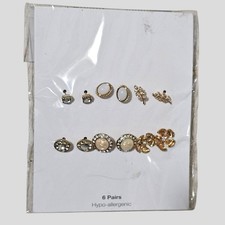 6 Pairs Gold Tone Stud Earrings Set Hypoallergenic Rhinestone Leaf Bow Mixed Lot