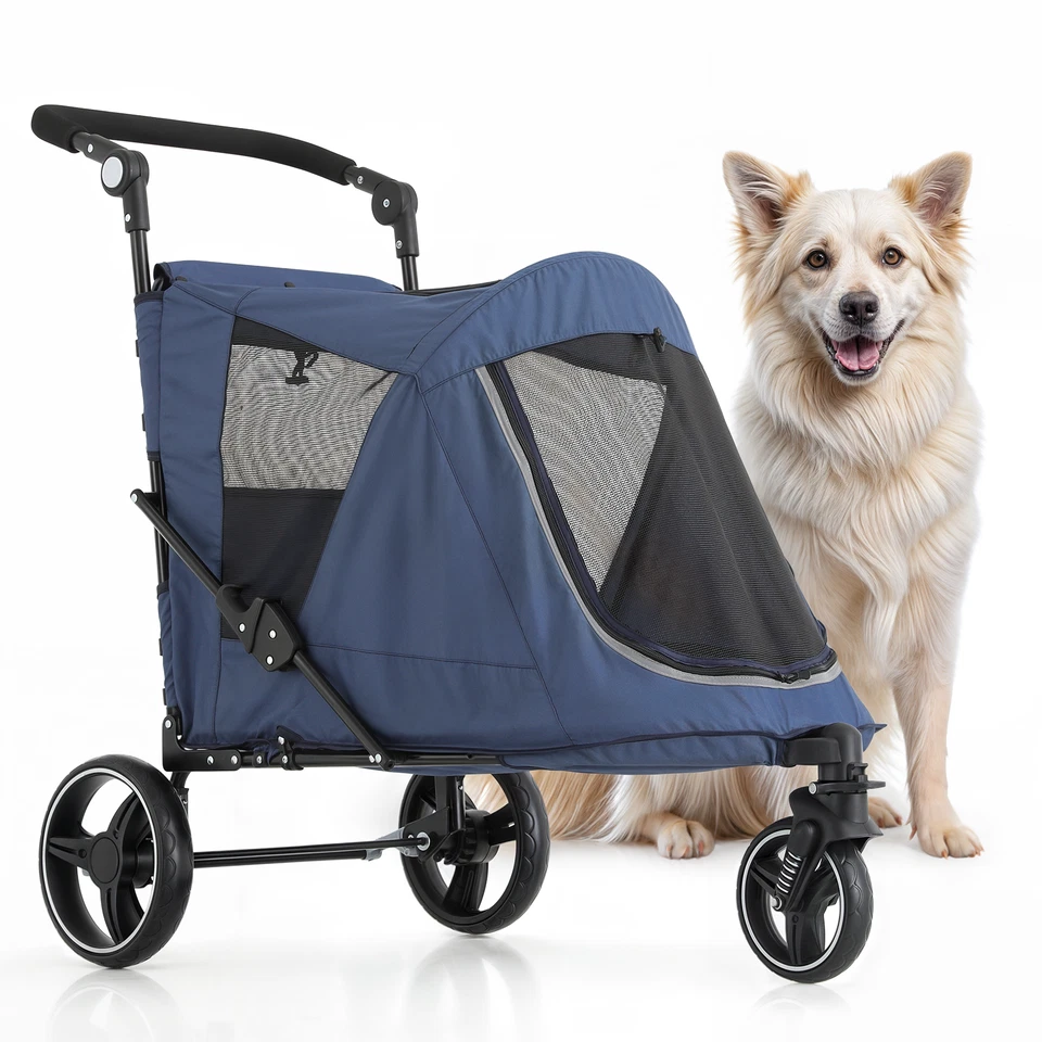 Folding Dog Stroller Blue Portable Pet Travel Carrier Cart w/Foot Activated Lock - Image 2 of 4