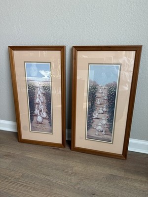Vintages Set of 2 Framed Folk Art Prints B. Cummings Bunny Hop Geese Goslings