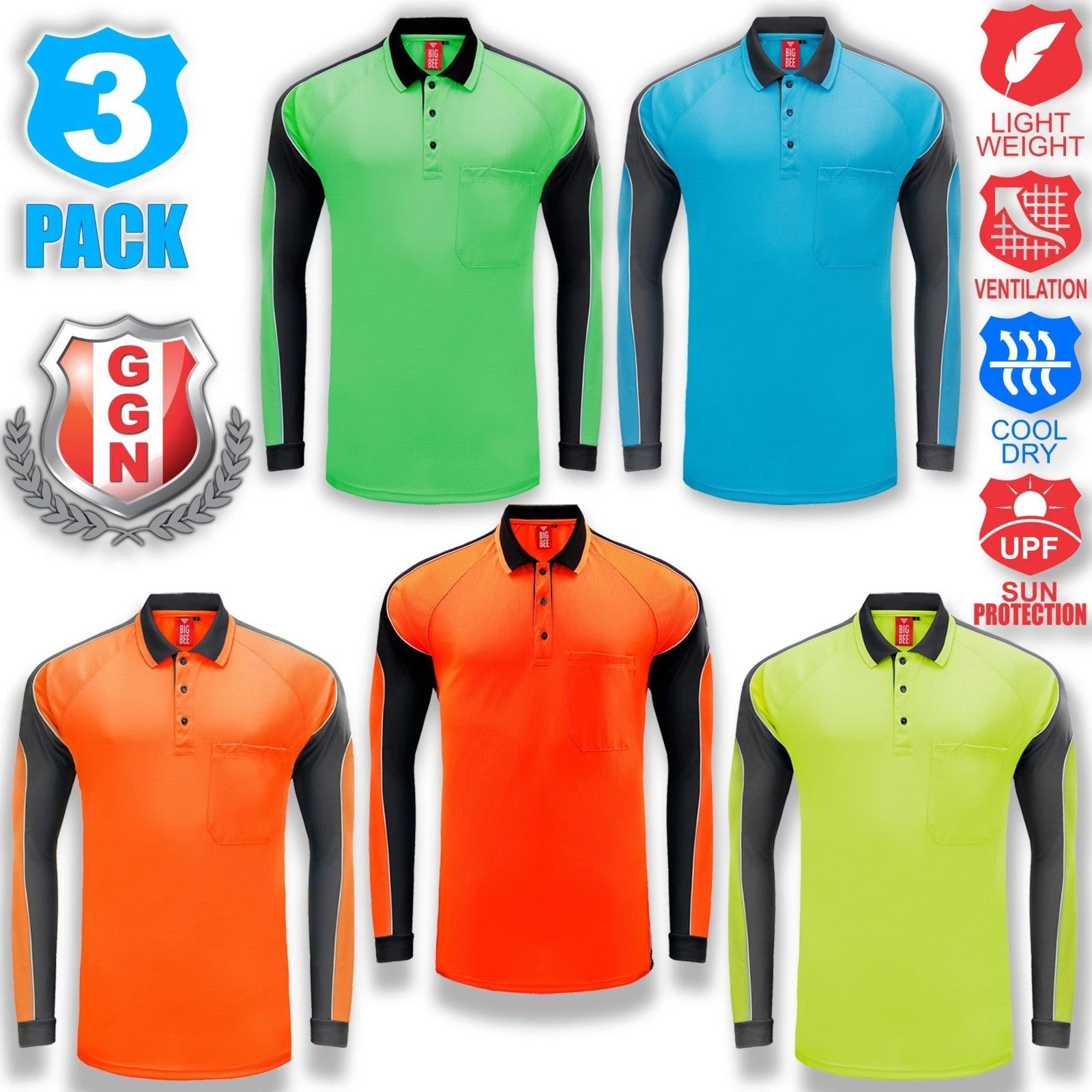 3x Work Polo Shirts Hi Vis Workwear CLUB GYM TEAM TRADIES OFFICE UNIFORM Pockets