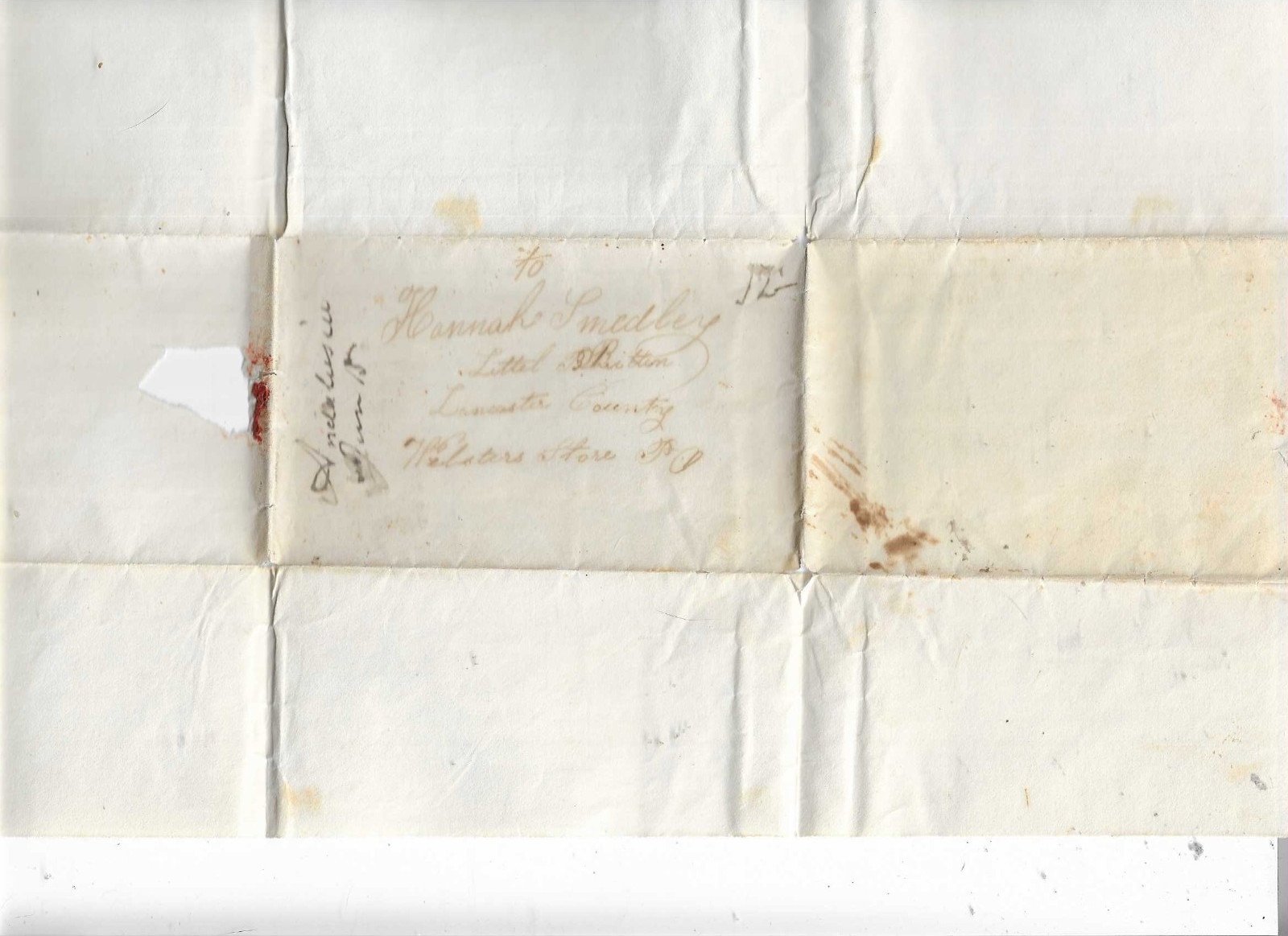 1800'S Stampless Folded Cover, Lancaster Pa