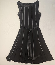 Sandra Darren Dress 14 Black Sleeveless A-Line White Pinstripe Satin Trim Belted