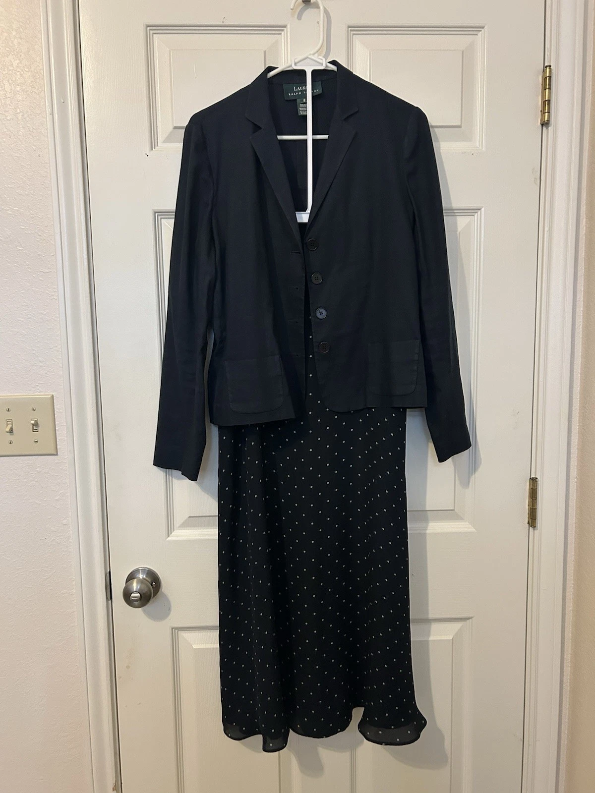 Ralph Lauren Linen Blend Blazer And 100% Silk Skirt Set In Navy Blue Sz 8