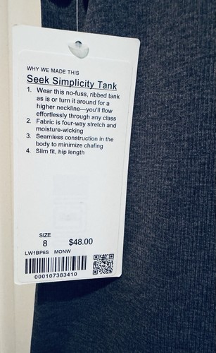 Lululemon Seek Simplicity Tank, NWT, Size 8, Grey, Slim Fit - Picture 4 of 6