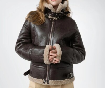 Faux Fur Lined Brown Biker Jacket With Fur Women's Shearling