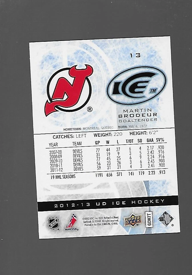 2012-13  Martin Brodeur, Upper Deck Ice - Image 2 of 2