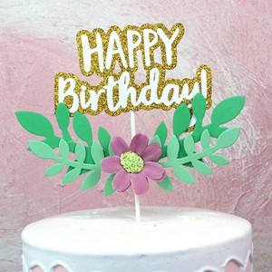 Flower Green Leaf Happy Birthday Cake Topper Cupcake Pick Baking
