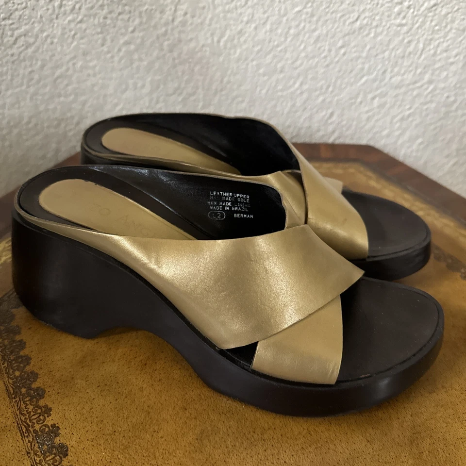 Sandalias de plataforma Y2K Enzo Angiolini para mujer de cuero marrón dorado tacón grueso talla 8 Foto 4 de 4