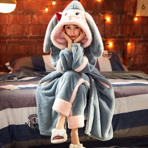 Accappatoio donna autunno inverno spesso con cappuccio dolce flanella vestaglia abito lungo pile - Foto 30 di 31