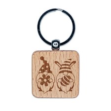 Pair of Easter Day Gnomes Egg Flower Spring Engraved Wood Square Keychain