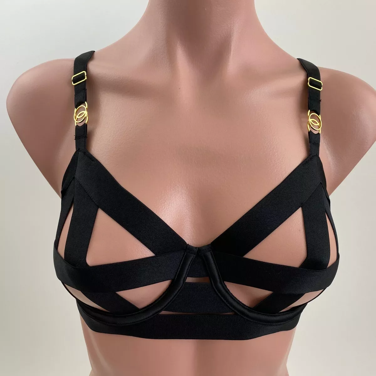 Victoria's Secret Luxe Banded Caged Strappy Unlined Balconet Bra Black  34DDD NWT