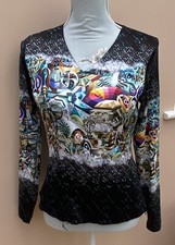 Aventures Des Toiles Top Size 38 Chest 36”Cupro Cotton Elastane Black Multi Art