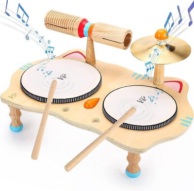 Kids Drum Set All in One Montessori Musical Instruments Set Toddler Toys Natural