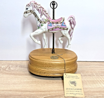 Bradley Carousels Porcelain Carousel Horse Music Box Wood Base Vintage 1988