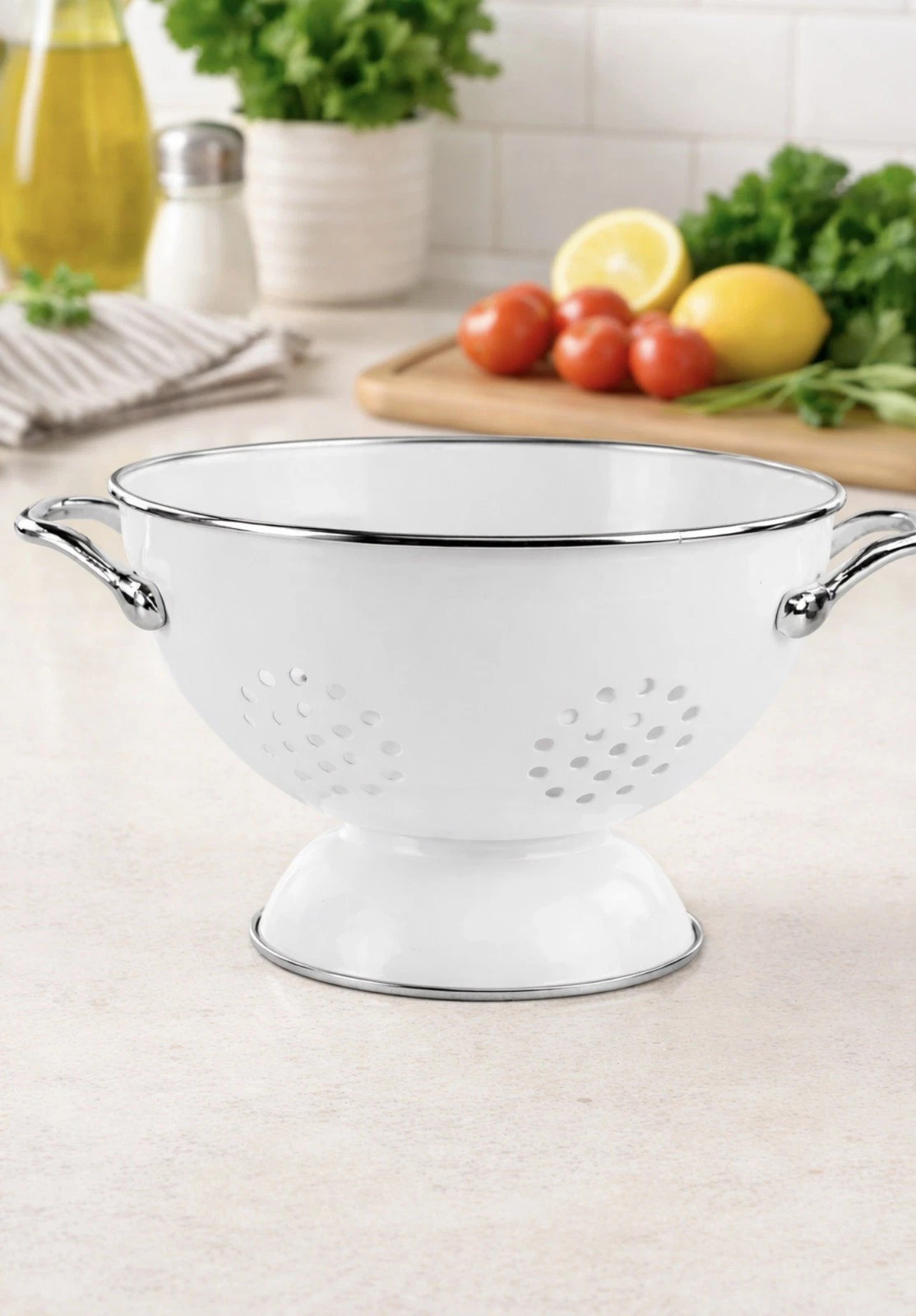 Calypso Basics Enamel Colander 1.5 Qt White – Powder Coated Steel Strainer
