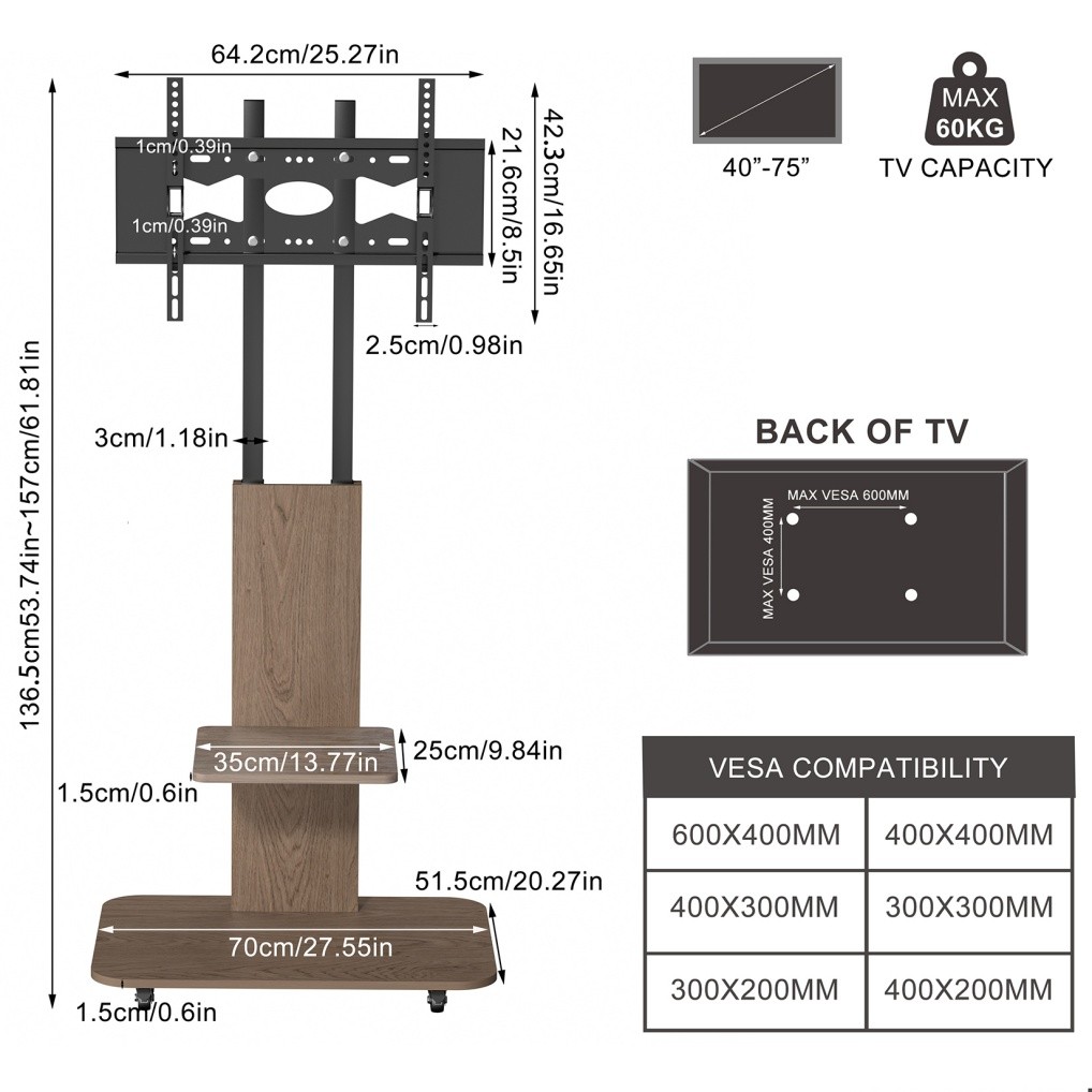 Heavy Duty Rolling TV Stand for 40-75inch Large TVs up to 177 lbs Mobile TV Cart