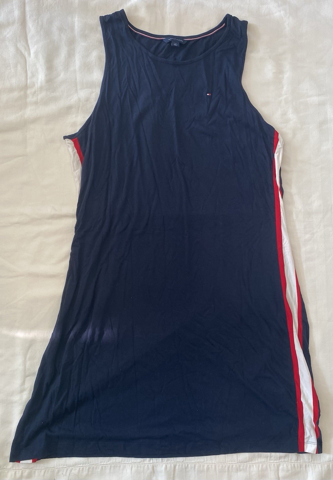 Tommy Hilfiger Dress Womens Large Navy Blue Sleeveless Side Pinstripe Red White