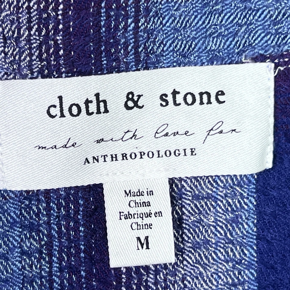 布和石头上衣女式 M 紫色蓝色纽扣衬衫绑带腰纹理针织 — 第 4/4 张图片