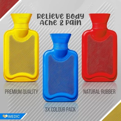 iMedic 3er Pack Mini Wärmflaschen 750ml Gummi Wärme & Eisbeutel Reiseset