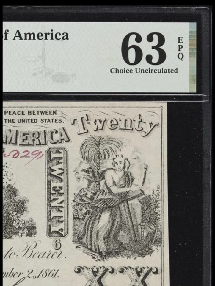 PMG 63 CT-20 $20 1861 Confederate States Civil War Contemporary Counterfeit Note - Image 3 of 4