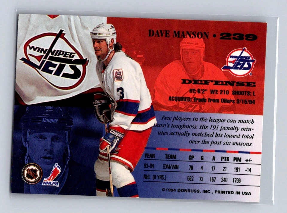 1994-95 Leaf #239 Dave Manson Winnipeg Jets - Image 2 of 2