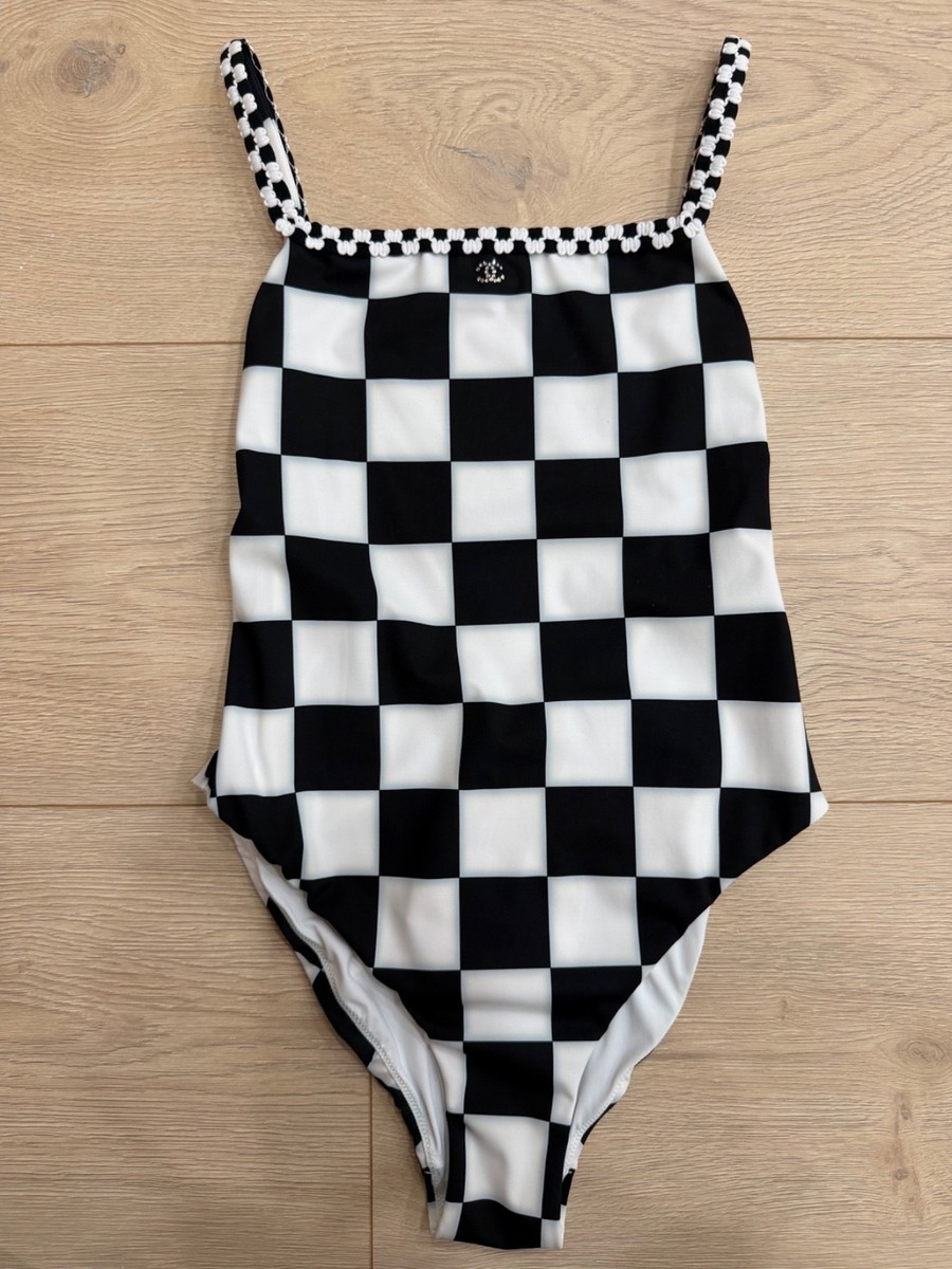 Chanel 23C Black White Checker Crystal CC Logo One Piece Swimsuit