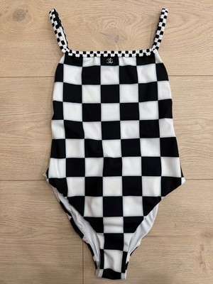 Chanel 23C Black White Checker Crystal CC Logo One Piece Swimsuit