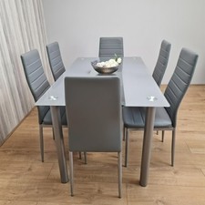 Grey Clear Glass Dining Table With 4/6  Faux Leather  Chairs Dining Set