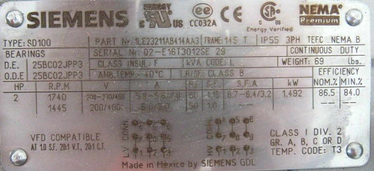 NEW SIEMENS SD100 MOTOR 2HP 1740RPM 208-230/460V NEW SIEMENS SD100 MOTOR 2HP 1740RPM 208-230/460V