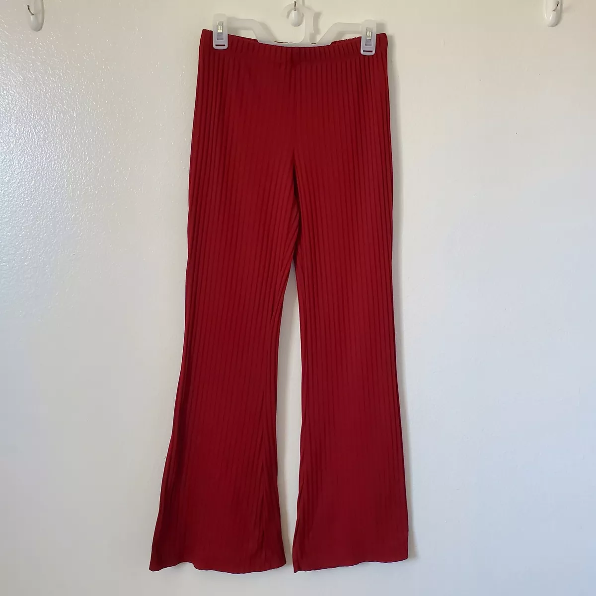 Forever 21 Womens Flare Pants Red Knit Ribbed Stretch Bell Bottoms