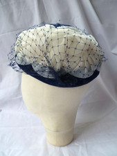 Vintage Retro Blue Velvet, White Chiffon & Net Ladies Hat 53-54cms