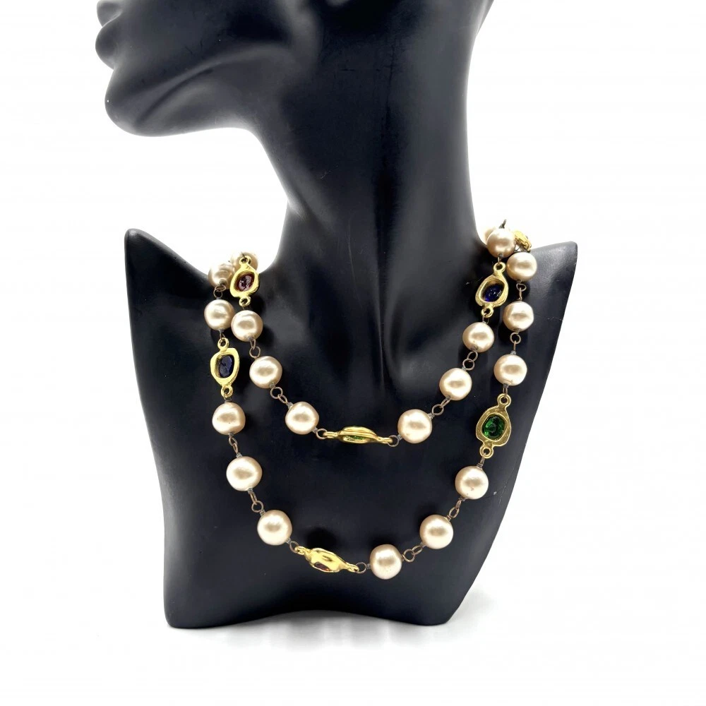 Collana lunga vintage CHANEL 2 9 multicolore Gripoix e perle finte 70 pollici