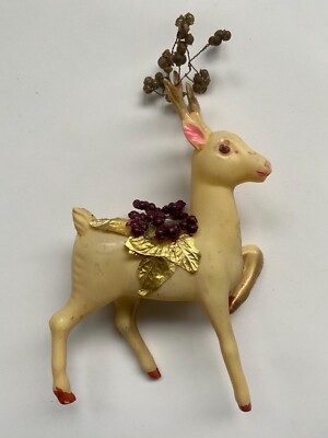 Vintage 1940s Celluloid Reindeer Deer Glass Bead Trim Hard Plastic Christmas 