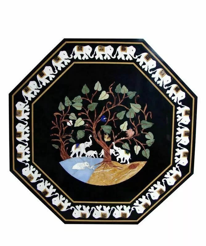 Black Marble Inlay Table Top with Marquetry Art for Home Decor