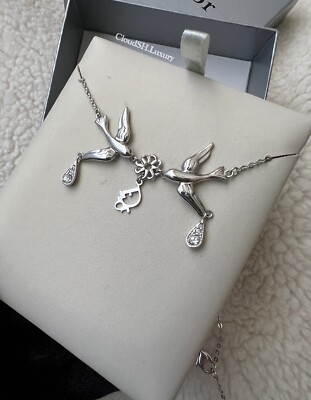 Auth Vintage Dior Logo Bird of flowers Crystal Drop Necklace w