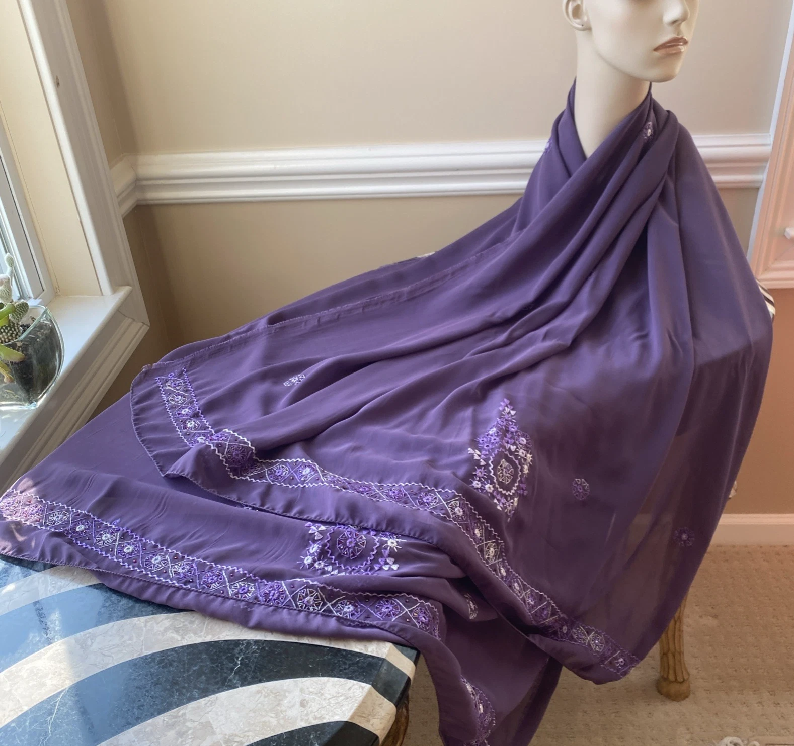 Vintage Sheer Silk Scarf Stole Purple Hand Embellished Indie XXL Whimsigoth New