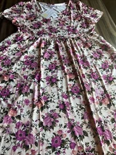 LuLaRoe Riley Empire Waist Midi Dress 3XL 3X 26/28 24 Ivory Pink Roses Pansies