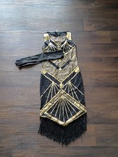 Roaring 20s Flapper Black/Gold Costume Dress Sz M w/Gloves Halloween Cosplay