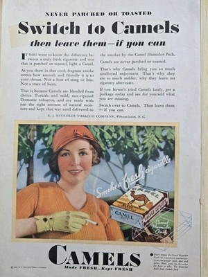 1932 Switch To Camel Cigarettes woman red hat smoking  vintage ad 