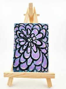 ACEO Original Mixed Media Flower, Floral, Purple, Blue By Vanessa S. 2.5"×3.5"