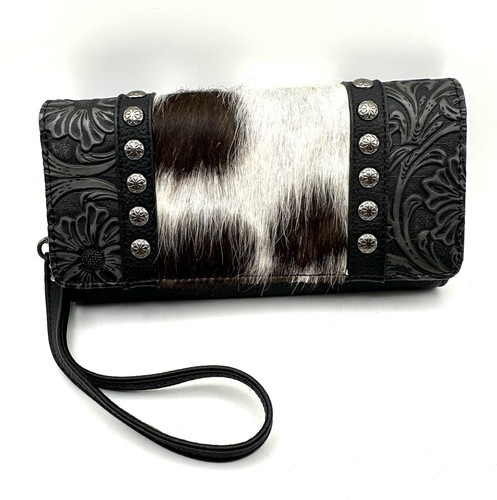 Trinity Ranch Hair Cowhide Tooled Leather Black Western Wallet Wristlet Trifold