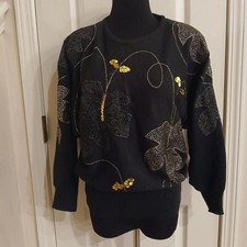Vintage 1980s black crewneck sweater with gold and sequin leaves size medium
