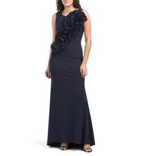 Betsy & Adam Navy Sleeveless Crepe Gown with 3D Ruffle Detail Size 8 NWT