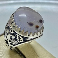 silver ring 925 sterling silver mens ring blue yemeni agate aqeeq stone