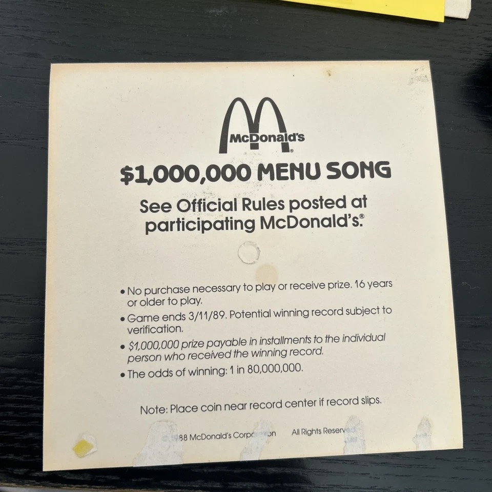 33RPM MCDONALDS COLLECTABLE 5" FLEXI DISC RECORD  $1,000,000 CONTEST. - Image 3 of 4
